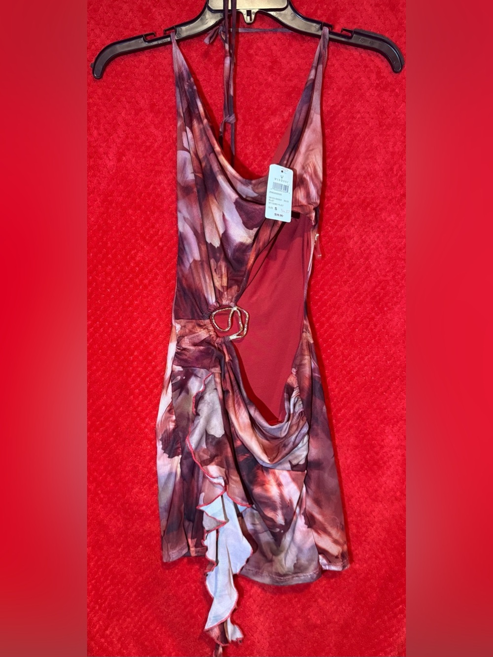 Windsor Red Floral-Print Mini Dress with Gold Ring Detail